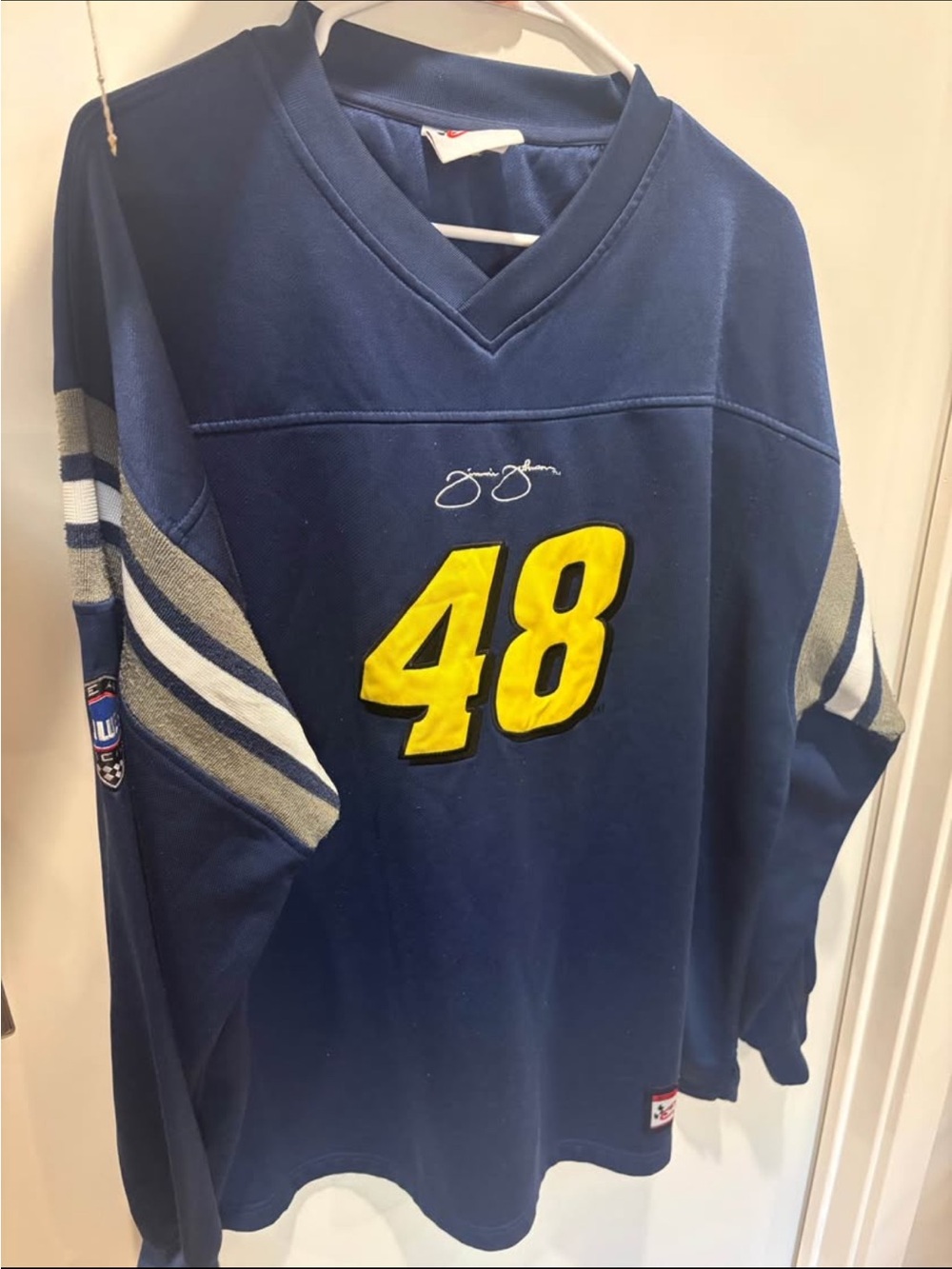 Nascar Men's Navy Blue Jersey with Yellow 48